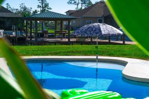 Beutifully remodeled pool. Bright blue with sparkling water. Cactus float floating in pool.